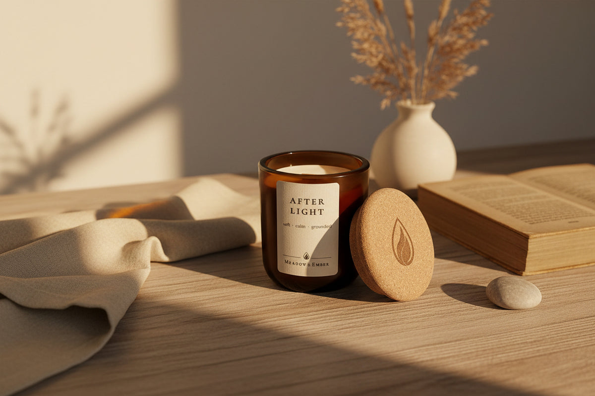 A candle in an amber glass jar with a cream label reading 'AFTER LIGHT' sits on a wooden table beside a round cork lid with a leaf logo. The scene is styled with a folded beige cloth, an open book, a small stone, and a vase of dried stems in warm sunlight.