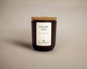 Cedar Veil candle by Meadow & Ember with natural cork lid.