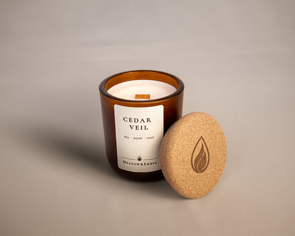 Cedar Veil candle with cork lid beside jar.