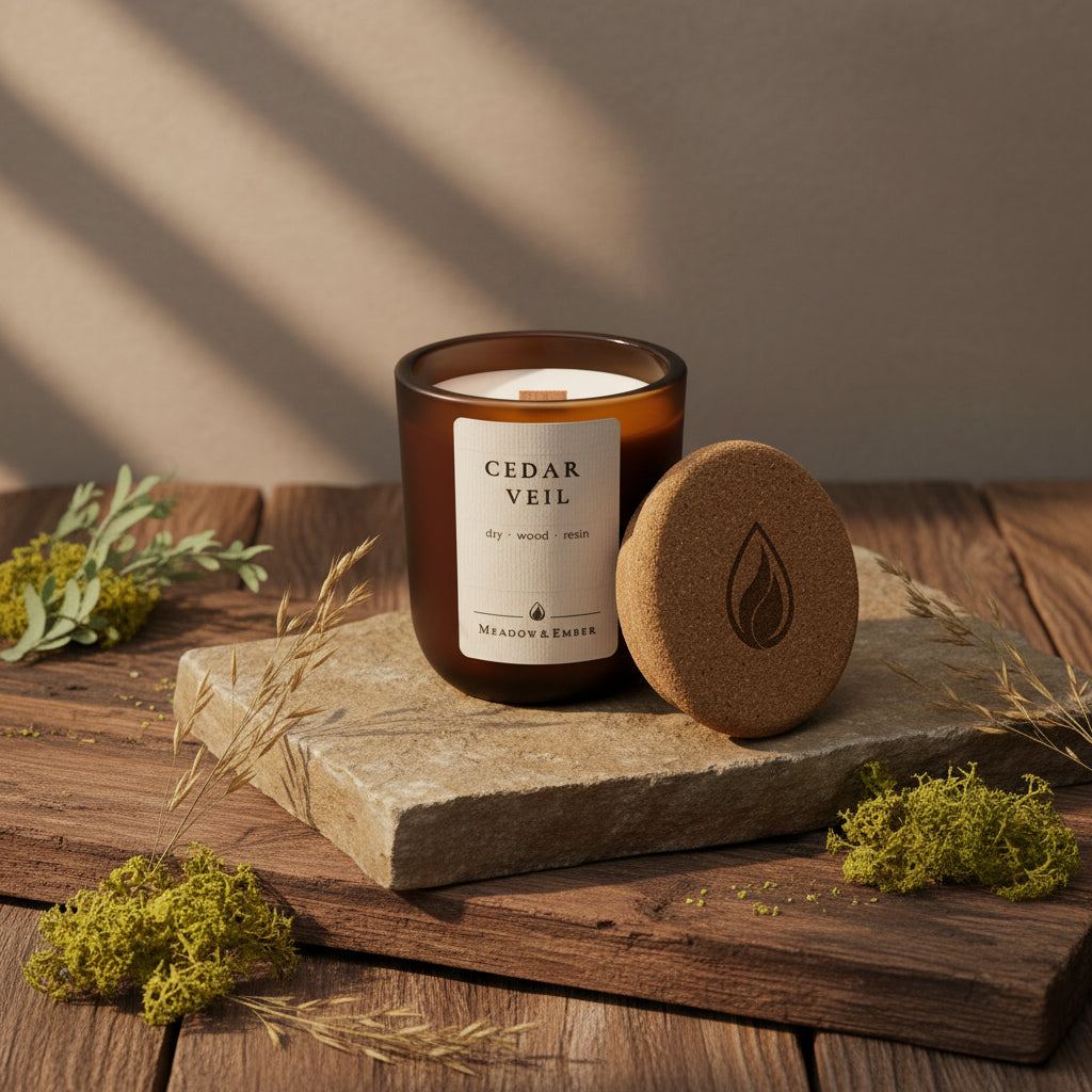 A candle in an amber glass jar with a white label reading 'CEDAR VEIL' and 'Meadow & Ember', shown with its cork lid beside it on a stone slab over a wooden surface.