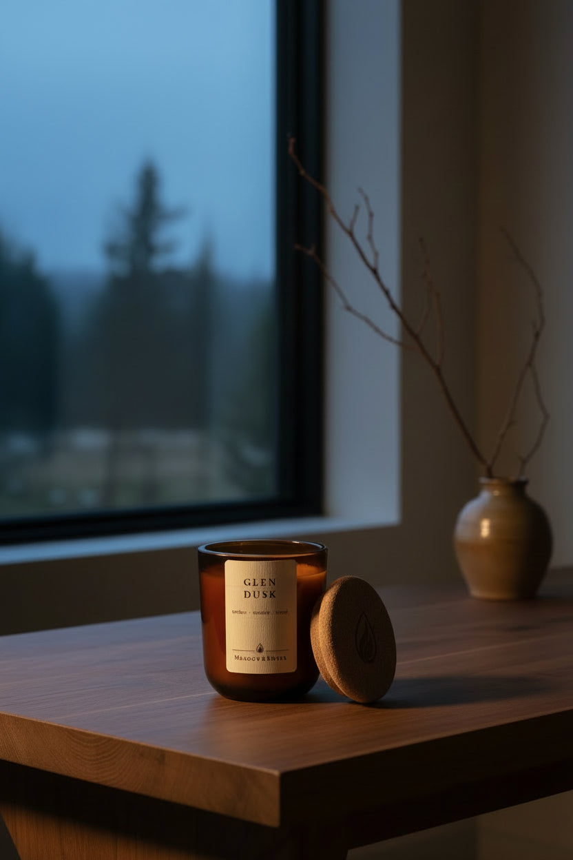 An amber glass jar candle with a cream label reading 'GLEN DUSK' and 'MEADOW & EMBER' is shown next to its cork lid sitting on a walnut table with a window in the background showing a wooded scene at dusk.