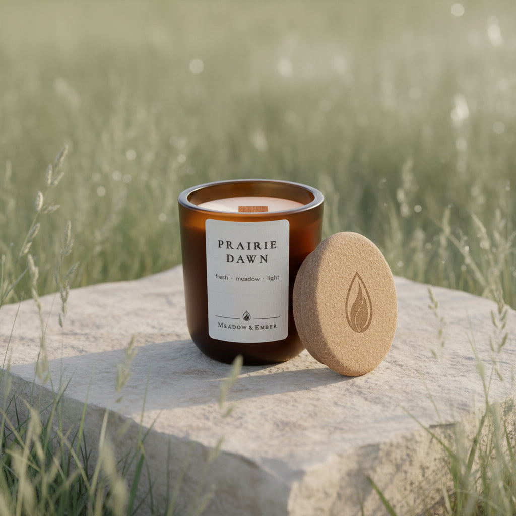 An amber glass jar candle labeled 'Prairie Dawn' by Meadow & Ember, shown with its cork lid leaning against it nestled on top of a square light grey rock with a grassy prairie background.