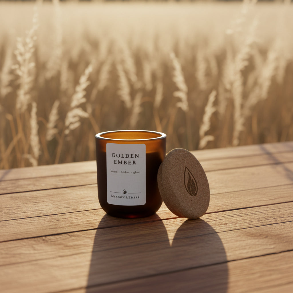 An amber glass jar candle with a cream label reading 'GOLDEN EMBER' and 'MEADOW & EMBER', shown next to its cork lid on a wheat field background placed on a wood deck.